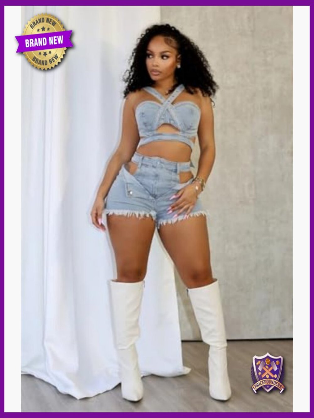 2 Piece Denim Shorts Set Sleeveless Crop Top Bodycon Y2K Outfit - Picture 2 of 7